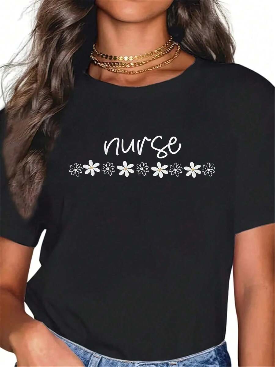 National Nurses Day (30) 1 Piece Women's Plus Size T-Shirt, Oversized Graphic Short Sleeve T-Shirt 220g, Novelty, 100% Polyester, Casual Crew Neck T-Shirt - 黑色 - 查看 1