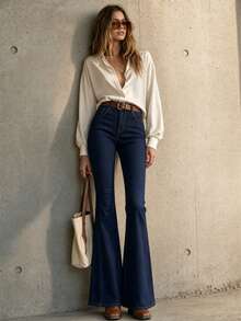 Women's High Waisted Bell Bottom Jeans Vintage 70s Y2K Flare Denim Pants - Slim Fit Stretchy Retro Jeans For Summer Casual Boho Chic Outfits - 藍色 - 查看 1