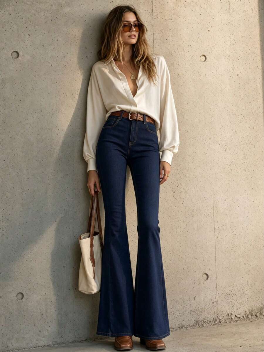Women's High Waisted Bell Bottom Jeans Vintage 70s Y2K Flare Denim Pants - Slim Fit Stretchy Retro Jeans For Summer Casual Boho Chic Outfits - 藍色 - 查看 1