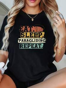 1 Piece Women's Plus Size T-Shirt With 'Eat Sleep Paragliding Repeat' Print, Short Sleeve, 220g, 100% Polyester, Casual Style With Round Neck - 黑色 - 查看 1