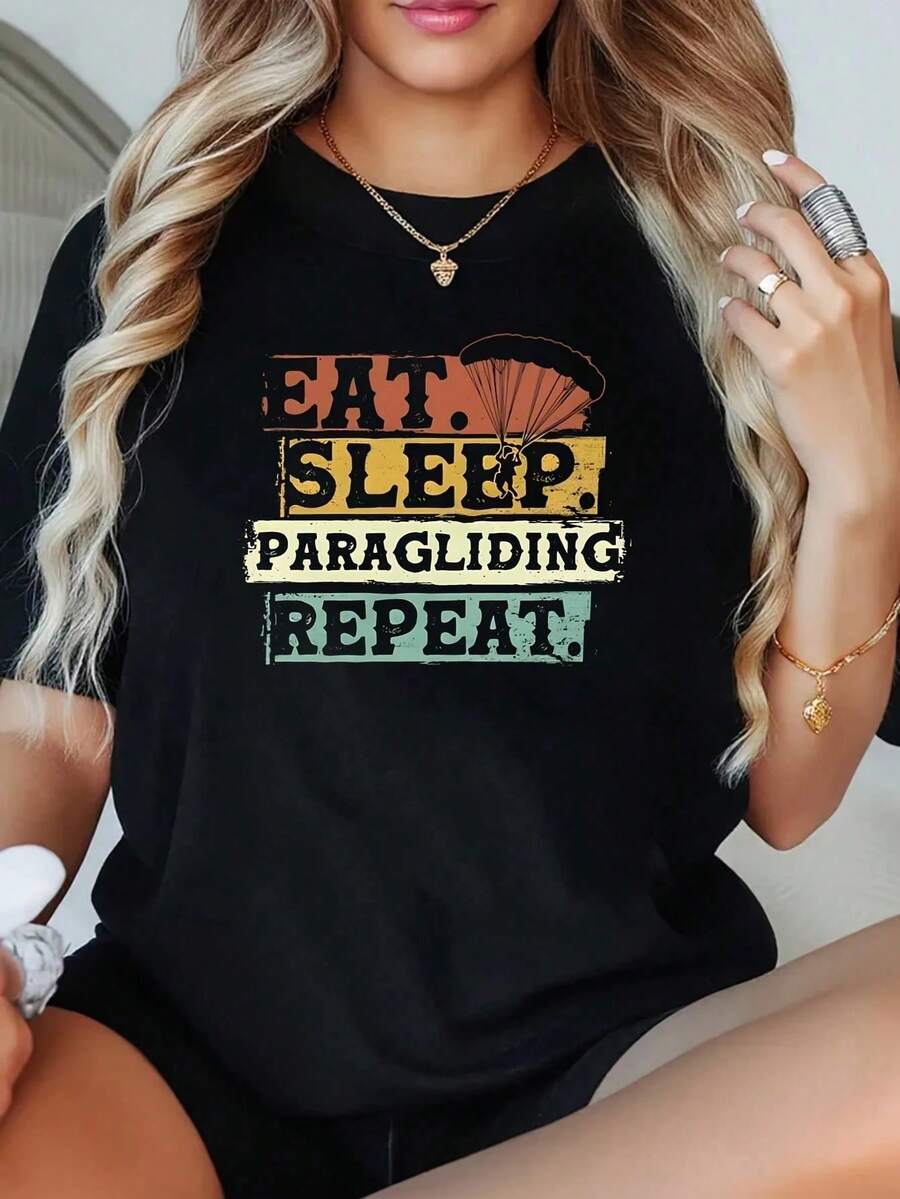 1 Piece Women's Plus Size T-Shirt With 'Eat Sleep Paragliding Repeat' Print, Short Sleeve, 220g, 100% Polyester, Casual Style With Round Neck - 黑色 - 查看 1