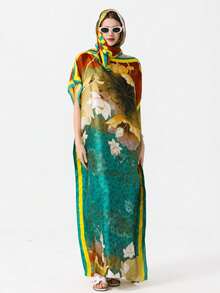 1pc Women's Faux Silk Floral Print Robe Shawl With Small Scarf Set, Outerwear Decor For Beach, Sun Protection, Windproof, UV Protection, Daily Wear - Multicolor - View 2