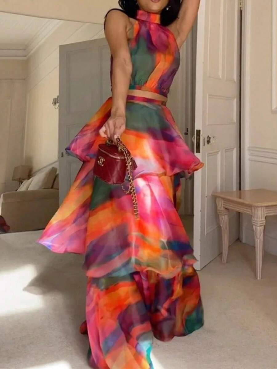 Vestido tipo tarta sin mangas estampado, cuello redondo, cintura ajustada y falda voluminosa, nueva colección verano europeo‑americana 2026 para mujer - Multicolor - Ver 1