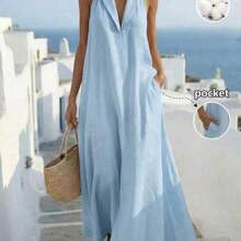 Vestido holgado, elegante y retro de línea A sin mangas para vacaciones y viajes a la isla - Azul - Ver 1
