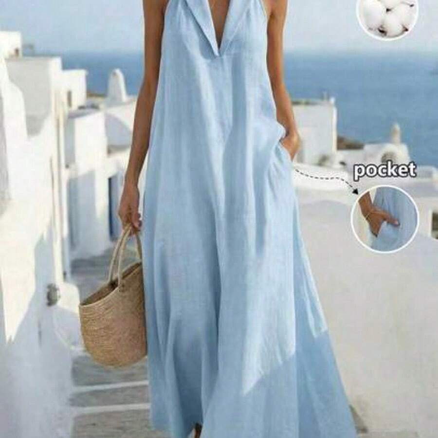 Vestido holgado, elegante y retro de línea A sin mangas para vacaciones y viajes a la isla - Azul - Ver 1