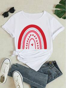 Women's Pure Cotton Short Sleeve T-Shirt Rainbow Heart Print Casual Daily Summer Basic Top - White - View 4
