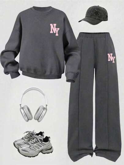 Tween Girl Letter Print Crew Neck Sweatshirt And Sweatpants Set