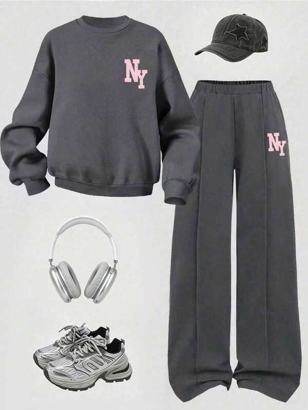 Tween Girl Letter Print Crew Neck Sweatshirt And Sweatpants Set