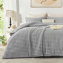 Cozy Bedding Ensemble - Ultra Plush Faux Fur Striped Jacquard Comforter 3pcs Set, Fleece Bed, Winter Warmth Bedding, Comforter With Pillow Covers - 灰色 - 查看 1