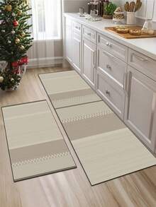 1pc Soft Rubber Absorbent Kitchen Rug, 3.5mm Thick Absorbent Mat Large Or Small Size, Japanese Minimalist Style, Modern Simple Cream Wood Style, Low Saturation Beige, Light Khaki, Warm Brown Earth Tones, Different Texture Lines, Light Patterns And Minimalist Checkerboard Patchwork Room Decor Rug, Can Be Cut To Fit Kitchen Size - Multicolor - View 1