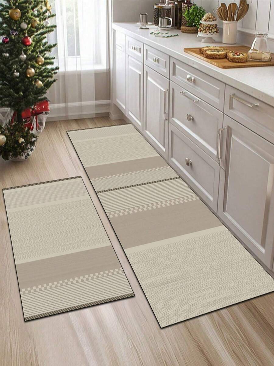 1pc Soft Rubber Absorbent Kitchen Rug, 3.5mm Thick Absorbent Mat Large Or Small Size, Japanese Minimalist Style, Modern Simple Cream Wood Style, Low Saturation Beige, Light Khaki, Warm Brown Earth Tones, Different Texture Lines, Light Patterns And Minimalist Checkerboard Patchwork Room Decor Rug, Can Be Cut To Fit Kitchen Size - Multicolor - View 1