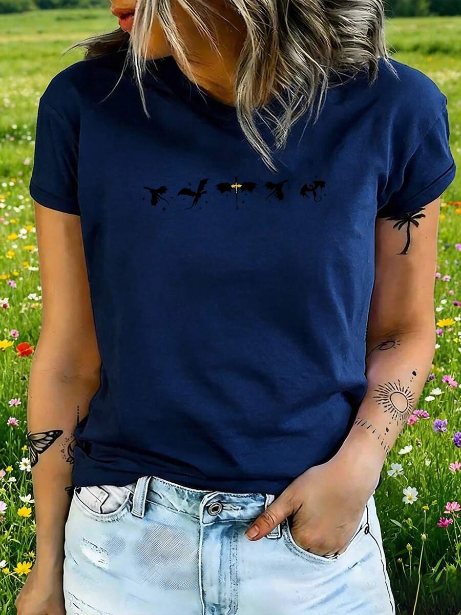 Women's T-Shirt, Starlight Knit, Lightweight Everyday Wear - 藏蓝色 - 查看 1