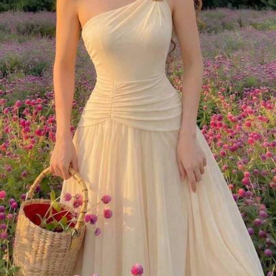 MOD Vestido de longitud midi sin mangas con acento de hebilla de metal, estilo de vacaciones - Albaricoque - Ver 1