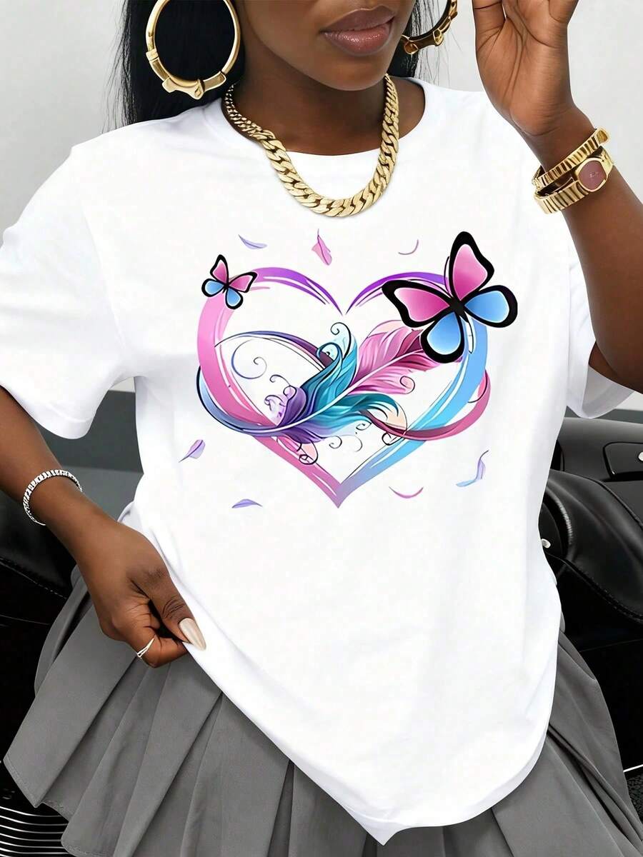 Camiseta Negra con Diseño de Corazón Colorido, Mariposa y Pluma para Mujer, Camiseta Gráfica Casual de Moda, Regalo para el Día de San Valentín, Camiseta Artística - Blanco - Ver 1