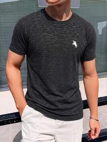 Summer Vintage Washed Short Sleeve Graphic T-Shirt Basic Style With Small Horse Logo - Black - View 3