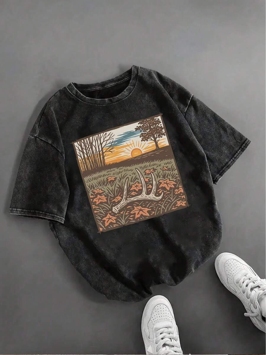 hombres y mujeresCamiseta 100% algodón con estampado de astas de ciervo y puesta de sol, cuello redondo, manga corta, top casual lavable para uso diario. - Negro - Ver 1