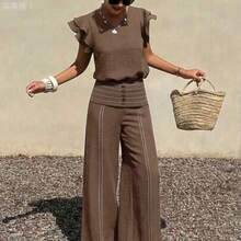 jianchaimaoyi02  Conjunto de dos piezas con top de manga corta y cuello en V y pantalones casuales, adecuado para vacaciones de verano, ir al trabajo y uso diario - Café integral - Ver 1