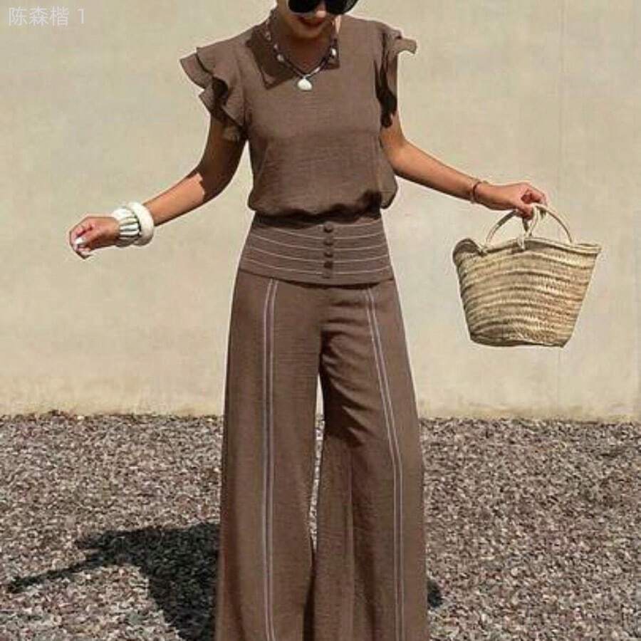jianchaimaoyi02 Conjunto de dos piezas con top de manga corta y cuello en V y pantalones casuales, adecuado para vacaciones de verano, ir al trabajo y uso diario - Café integral - Ver 1