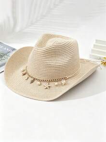 1pc Unisex Fashionable Straw Hat, Suitable For Outdoor Beach Sun Protection, Spring/Summer British Cowboy Hat, Wide Brim Design, Decorated With Starfish, Foldable Pancho Hat, Suitable For Daily Use Outdoor Gift. - Gold Chain Beach Straw Hat - View 12