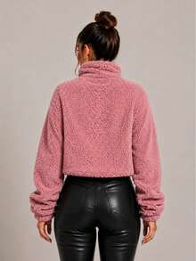 Women's Teddy Turtleneck Blouse With Faux Fur, Plush Teddy Blouse Style, For Daily Winter. - 乾枯玫瑰色 - View 3