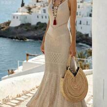 xuehuamaoyi02  Holidaya Nuevos vestidos de verano para mujer, vestido maxi de punto calado beige - tirantes finos, escote en V, patrón de encaje en capas, cintura ajustada, - Blanco - Ver 4