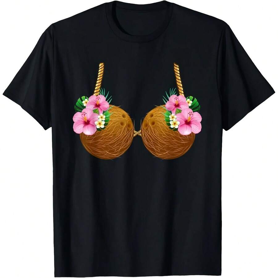 Coconut Print T-Shirt, Hawaiian Tropical Clothing, Luau Party, Hawaiian T-Shirt, Short Sleeve Hawaiian Tropical Style Shirt - 彩色 - 查看 1