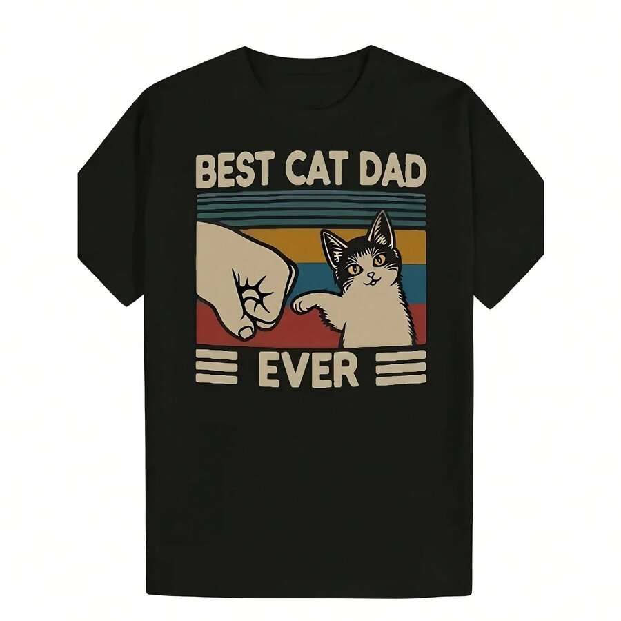 Men's Vintage Casual T-Shirt, Best Cat, Dad, With Cat Paw, Meme, Women's Streetwear, Oversized Cotton T-Shirt, Unisex Short Sleeve Top - 彩色 - 查看 1
