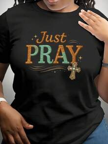[Pantalones Estampados - No de Tela Vaquera] Camiseta de Mujer con Estampado "Just PRAY", Diseño  en Tonos Turquesa y Marrón, Temática Bohemia Occidental - negro - Ver 1
