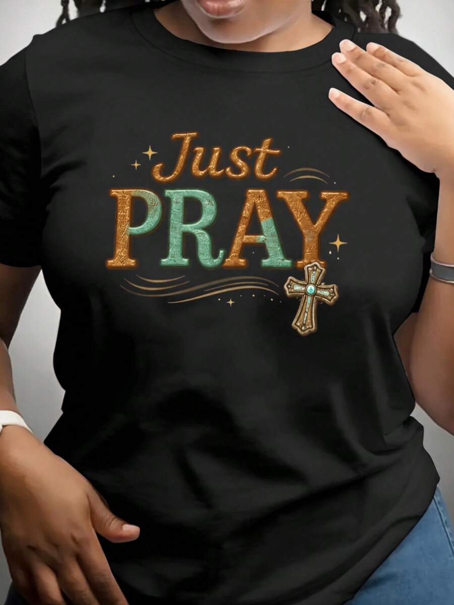[Pantalones Estampados - No de Tela Vaquera] Camiseta de Mujer con Estampado "Just PRAY", Diseño  en Tonos Turquesa y Marrón, Temática Bohemia Occidental - negro - Ver 1