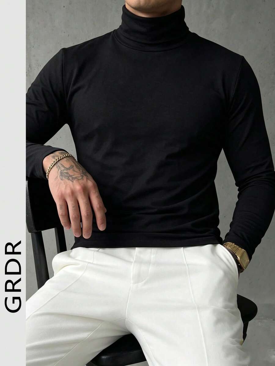 Camiseta de manga larga de cuello alto de unicolor, nueva llegada para otoño/invierno - Negro - Ver 1