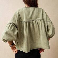 Blusa holgada de manga abullonada para vacaciones, verde - Negro01 - Ver 9