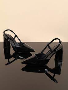 1 Pair Shiny Black Soft PU Teen High Heel Sandals With Silver Metal Buckle, Pointed Toe, Chunky Heel, Princess Style, Suitable For Daily Casual, Home, Party And Outdoor Wear, Summer/Autumn - Black - View 5