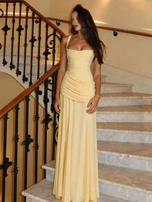 Elegant Sleeveless Long Party Dress For Women, Solid Color, European Style, New Fashion Wrap Dress - 黃色 - 查看 5