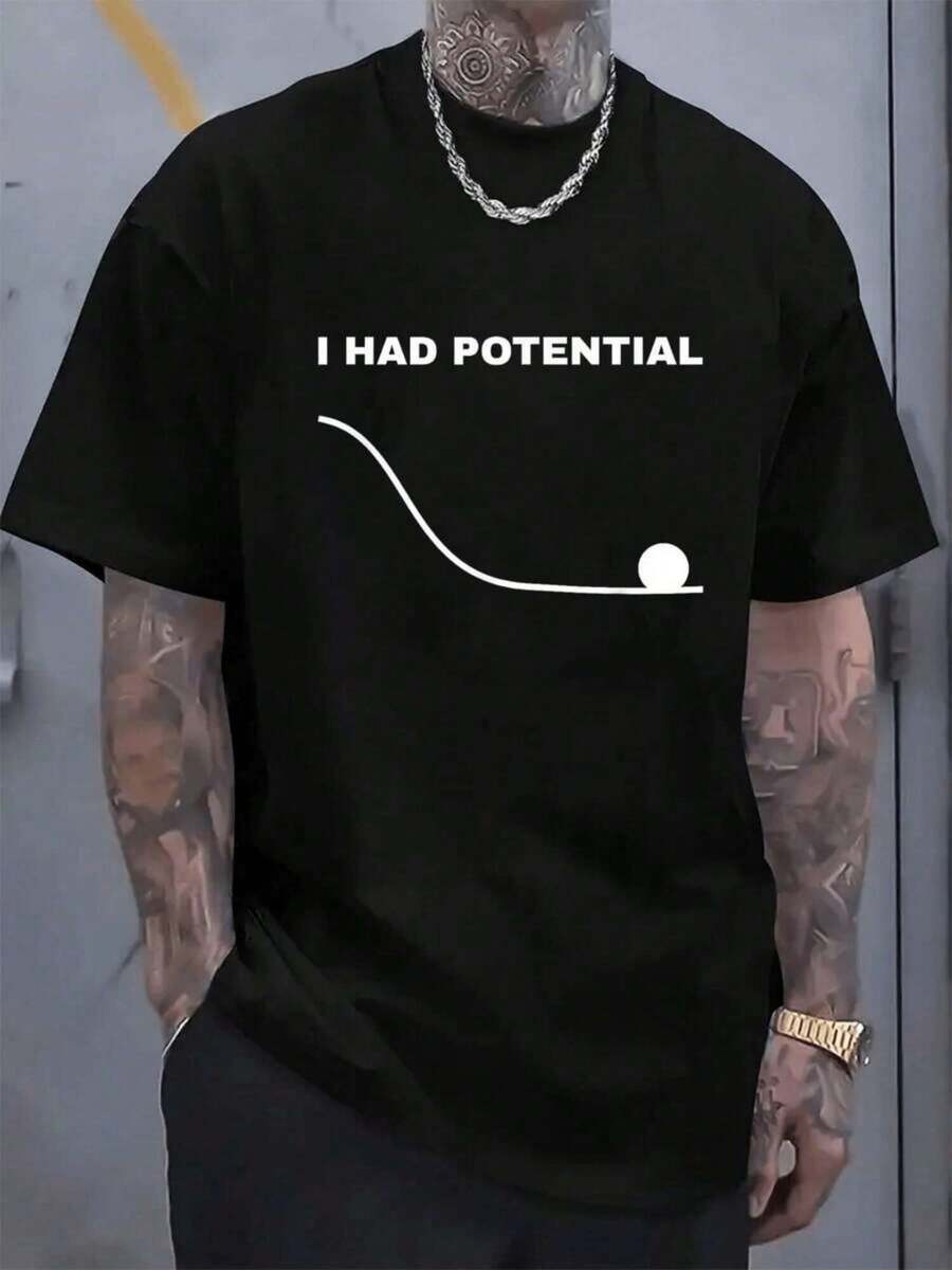 Gráfico con una pelota descendiendo en una curva simbolizando la pérdida del potencial y la ironía de los sueños no cumplidos camiseta de hombre casual moderna de manga corta ideal para diar - Negro - Ver 1