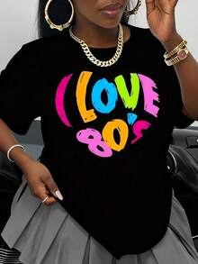 Women's Black T-Shirt With Retro 80s Rainbow Print, Fashion Vintage Top, Party Outfit, 80s Theme Costume, Celebration Clothes - 黑色 - 查看 1
