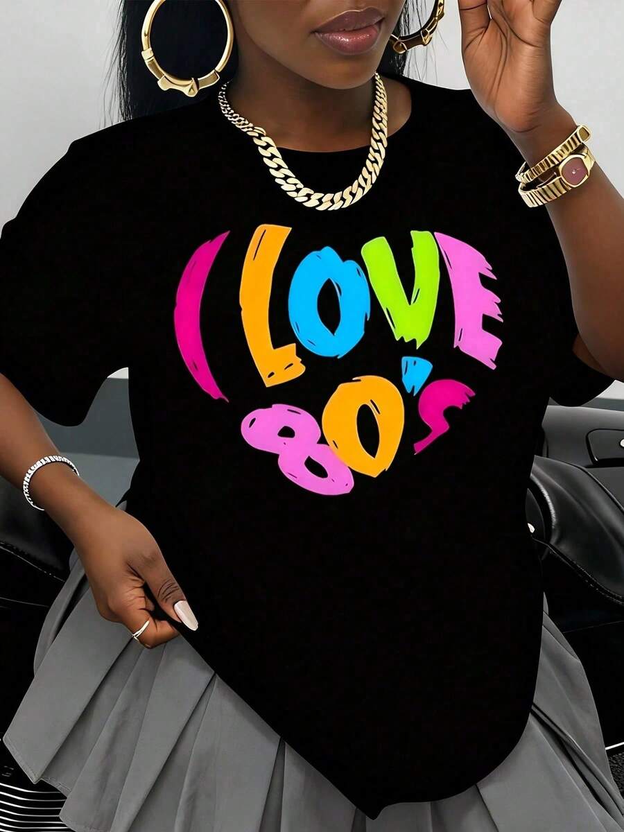 Women's Black T-Shirt With Retro 80s Rainbow Print, Fashion Vintage Top, Party Outfit, 80s Theme Costume, Celebration Clothes - 黑色 - 查看 1