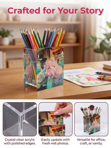 Custom Acrylic Pen Holder(Pen Not Included), Acrylic Makeup Brush Organiser Square Pen Container Office Gadgets Storage Box Desktop Study Supplies Brush Pot Holiday Decoration Storage Back To School, Teacher'S Day Gift - Multicolor - View 5
