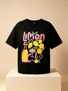 Set Of 3 Short-Sleeved Crew Neck T-Shirts With Minimalist Summer Lemon Print Design, Versatile And Fashionable Tops For Women - 黑色 - 查看 2