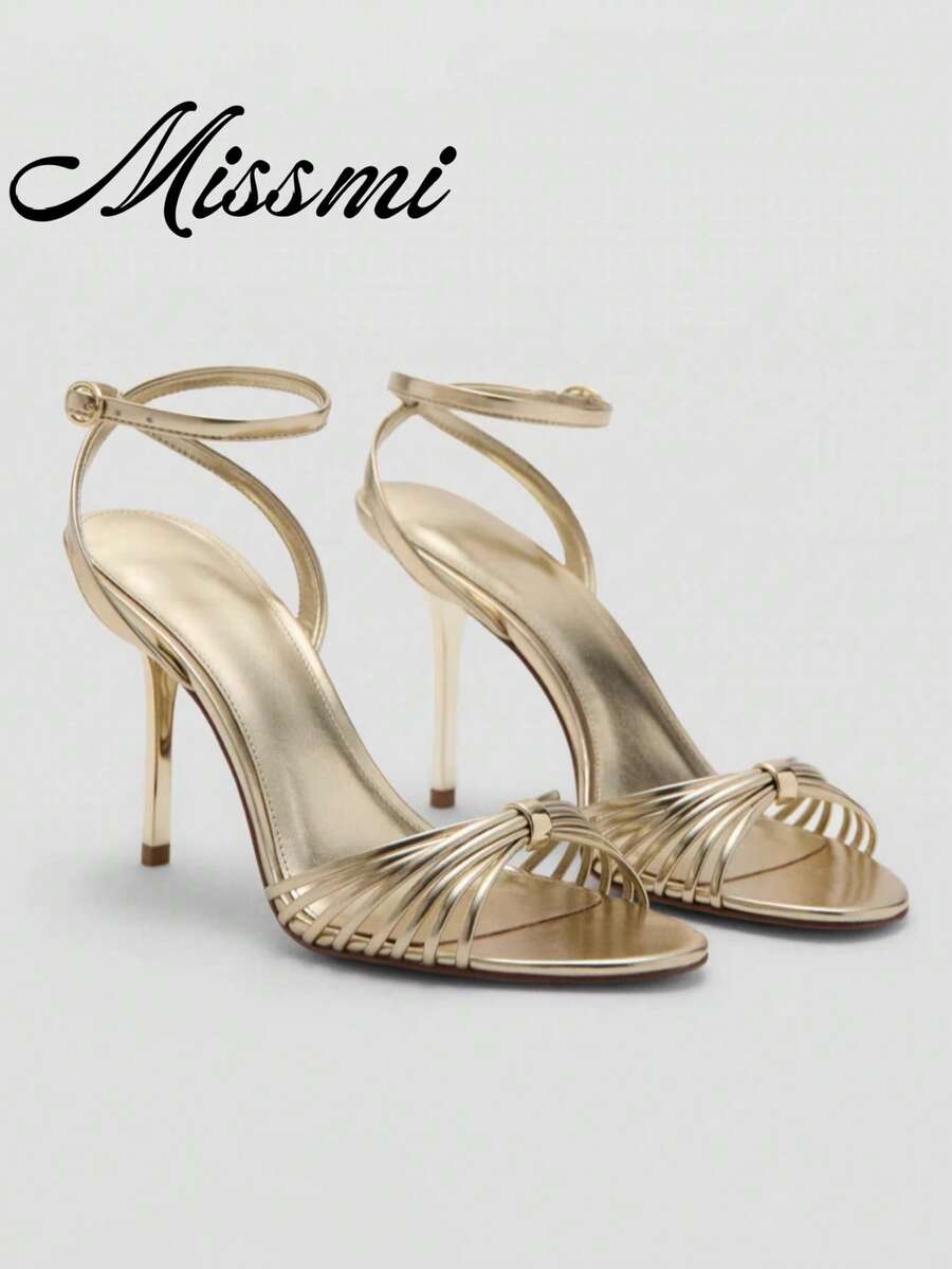 2026 Spring/Summer New Women's Gold Metallic Layered Bow Decor Stiletto High Heel Sandals - Gold - View 1