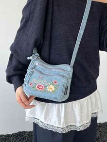 新款時尚花卉刺繡牛仔多口袋斜背包 百搭女款單肩小包 Mon Bag 適合上班、購物、通勤 - 藍色 - 查看 5