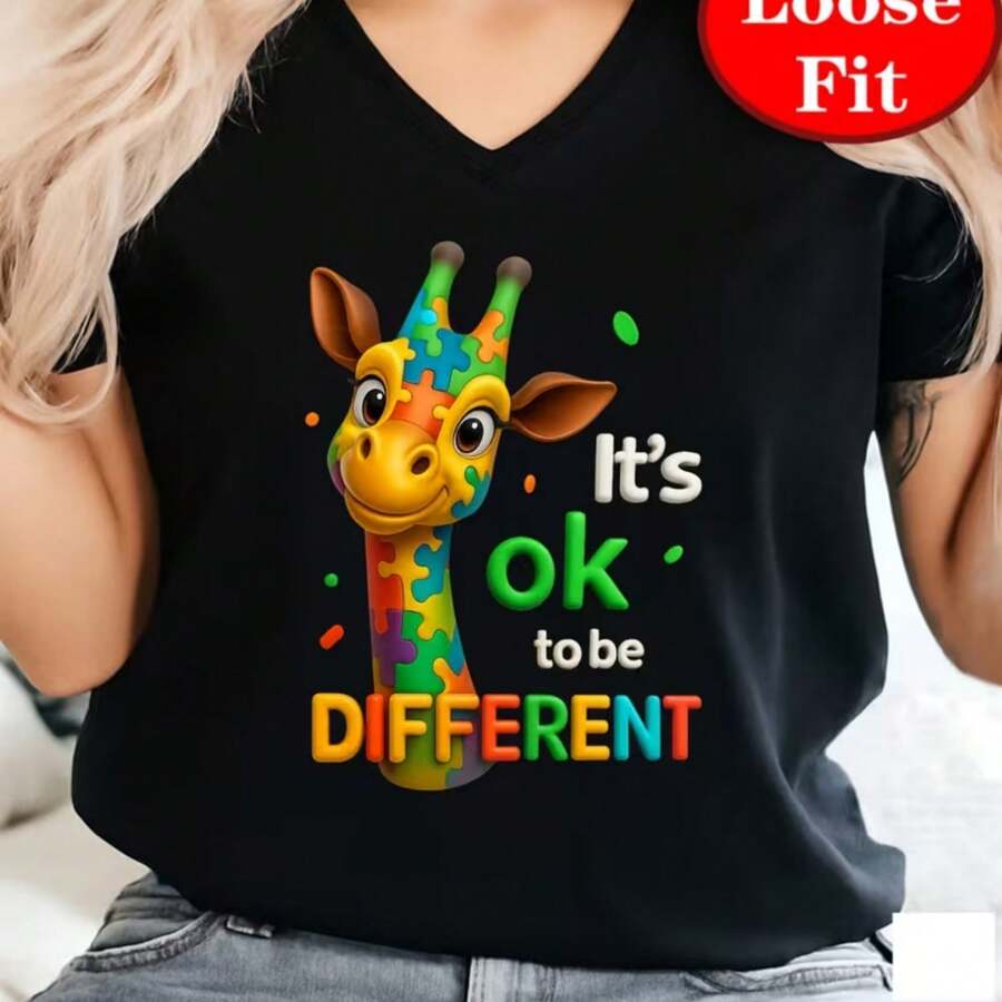 Camiseta de Mujer Talla Grande con Estampado de Jirafa - Cuello en V, Manga Corta, Blusa de Verano con Lunares y Jirafa, Top Casual para Atuendos Informales, - Negro - Ver 1