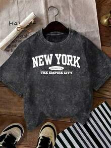 hombres y mujeresCamiseta de manga corta con cuello redondo, estampado de Nueva York, 100% algodón, lavable para uso diario. - Negro - Ver 1