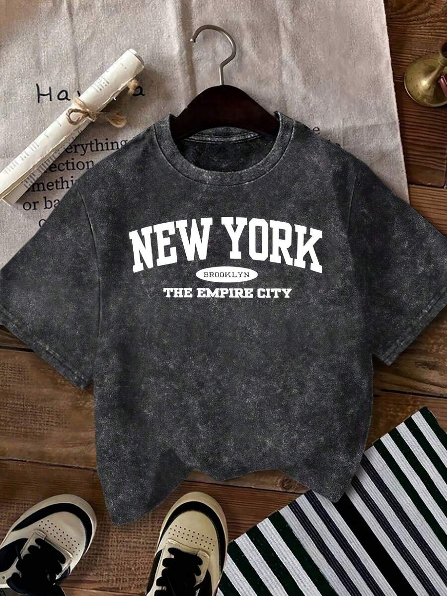 hombres y mujeresCamiseta de manga corta con cuello redondo, estampado de Nueva York, 100% algodón, lavable para uso diario. - Negro - Ver 1