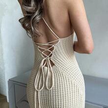xuehuamaoyi02  Vestido de punto midi de corte ajustado, elegante y sexy con espalda descubierta y abertura lateral para mujer - Burdeos - Ver 4