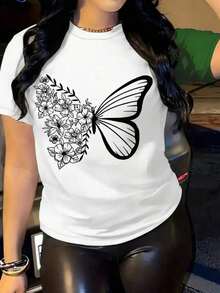 Women's Casual Style T-Shirt, Fashionable Butterfly And Flower Print, Soft Fabric, Loose Fit, Round Neck, Short Sleeves, Perfect For Spring And Summer Everyday Wear. Butterfly T-Shirt, Floral, Chic. Day Of The - 白色 - 查看 1