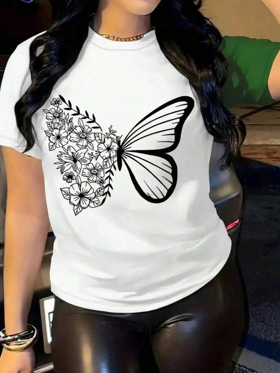 Women's Casual Style T-Shirt, Fashionable Butterfly And Flower Print, Soft Fabric, Loose Fit, Round Neck, Short Sleeves, Perfect For Spring And Summer Everyday Wear. Butterfly T-Shirt, Floral, Chic. Day Of The - 白色 - 查看 1