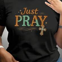 [Pantalones Estampados - No de Tela Vaquera] Camiseta de Mujer con Estampado "Just PRAY", Diseño  en Tonos Turquesa y Marrón, Temática Bohemia Occidental - negro - Ver 2