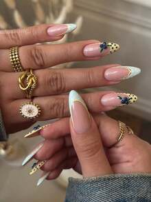 10 Stück handgefertigte mandelförmige Nagelaufkleber, Blau & Gelb Kontrast, französische Spitzenkante, Polka Dot, handgemalte Blaubeere, lebhaft sonnig, exquisite Sommer-Maniküre, schnell entfernbar, Press-On Kunstnägel - Verschiedenfarbig - Übersicht 2