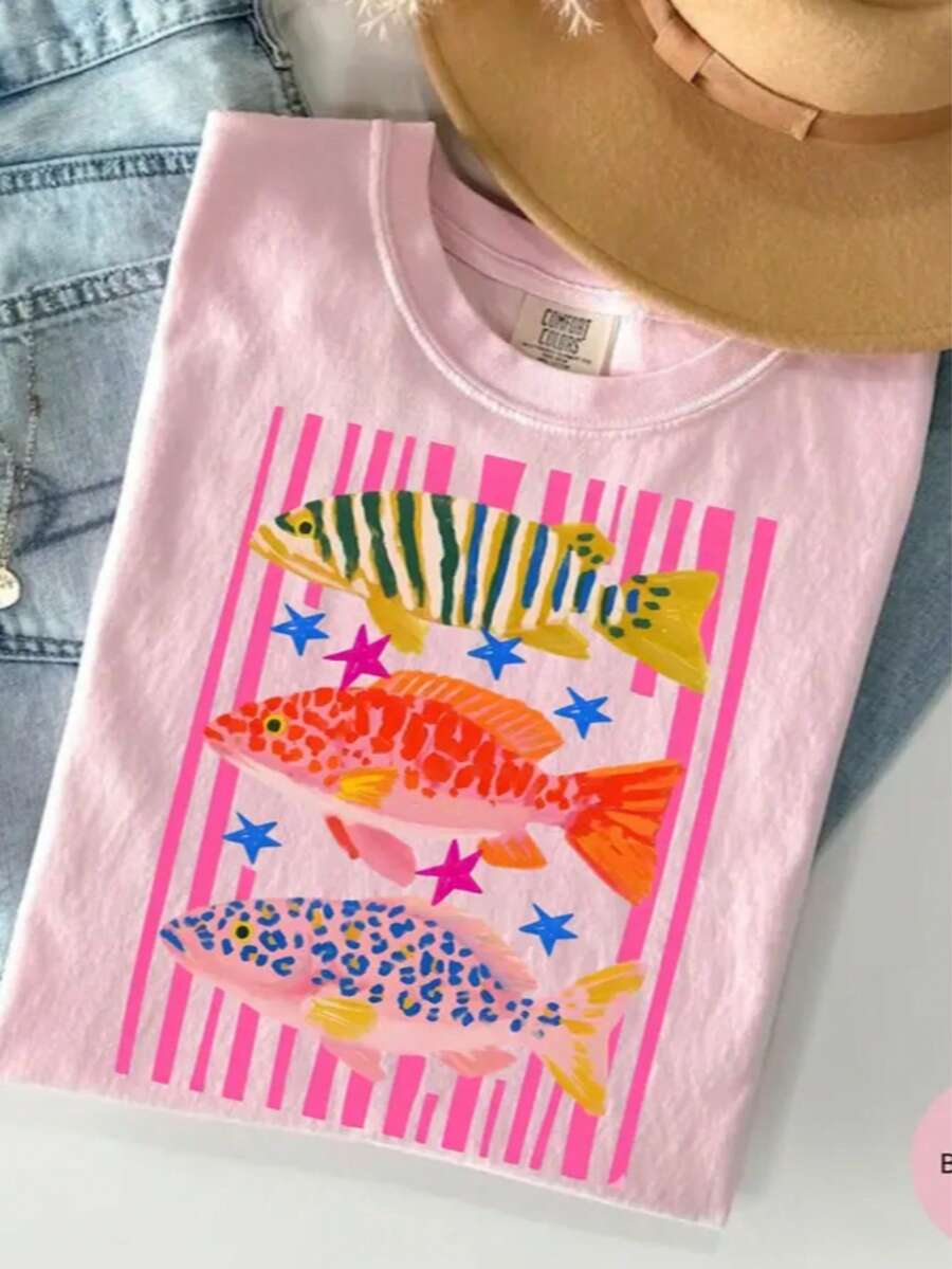 Fish Shirt,Women's  Summer Boho Tee - Coastal Beach T-Shirt, Striped Fish Trio Shirt , 2026-Cute Clothes,Beach Vacation Outfits Woman - 粉色 - 查看 1
