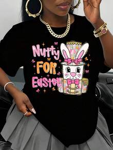Camiseta negra con diseño de conejo de Pascua, para mujer, con estampado gráfico de Pascua, regalo para el Festival de Primavera, prenda de moda artística. - Negro - Ver 1